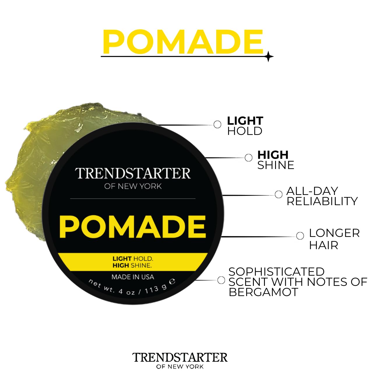 TRENDSTARTER Classic Pomade application shot, delivering light hold and shine.