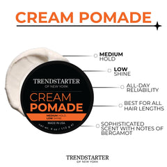 TRENDSTARTER Cream Pomade on hair model demonstrating versatile medium hold with low shine.