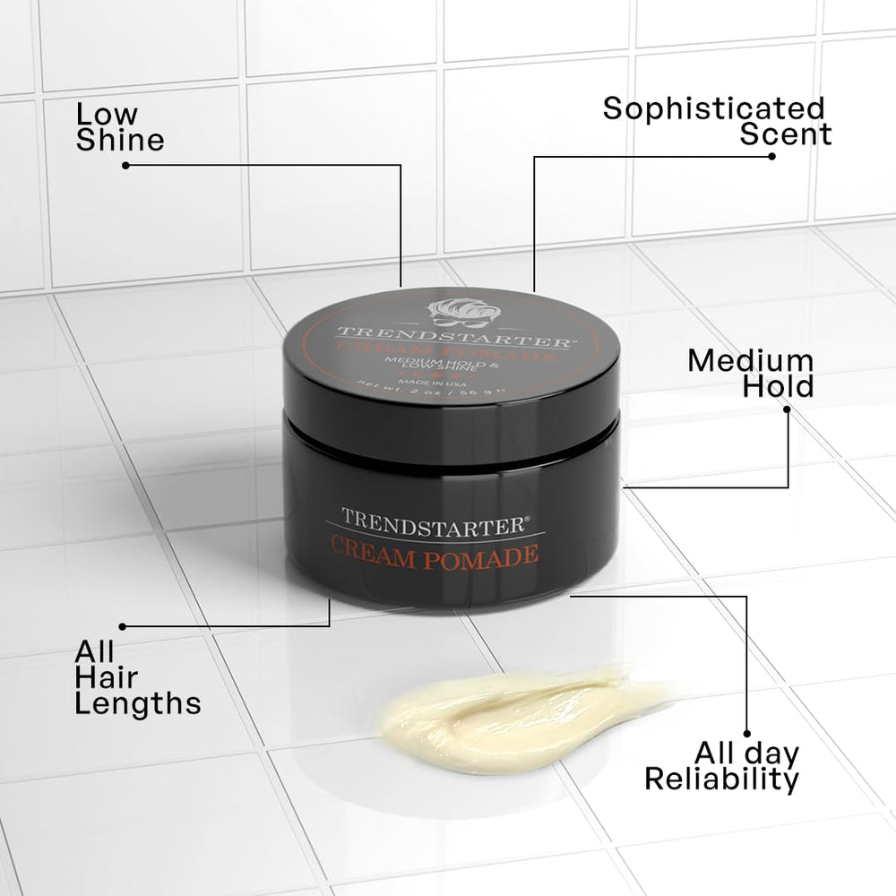 TRENDSTARTER Cream Pomade delivers low shine for natural-looking finishes.