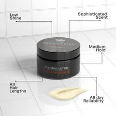 TRENDSTARTER Cream Pomade delivers low shine for natural-looking finishes.