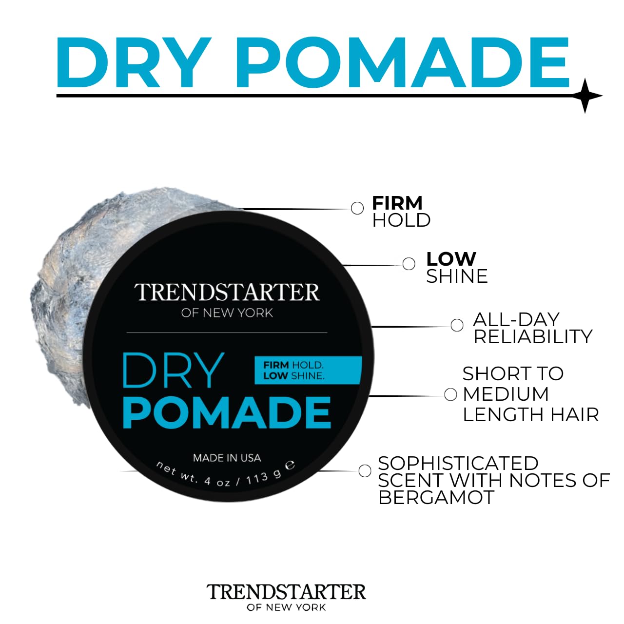 TRENDSTARTER Dry Pomade bottle side view highlights portable 4oz packaging