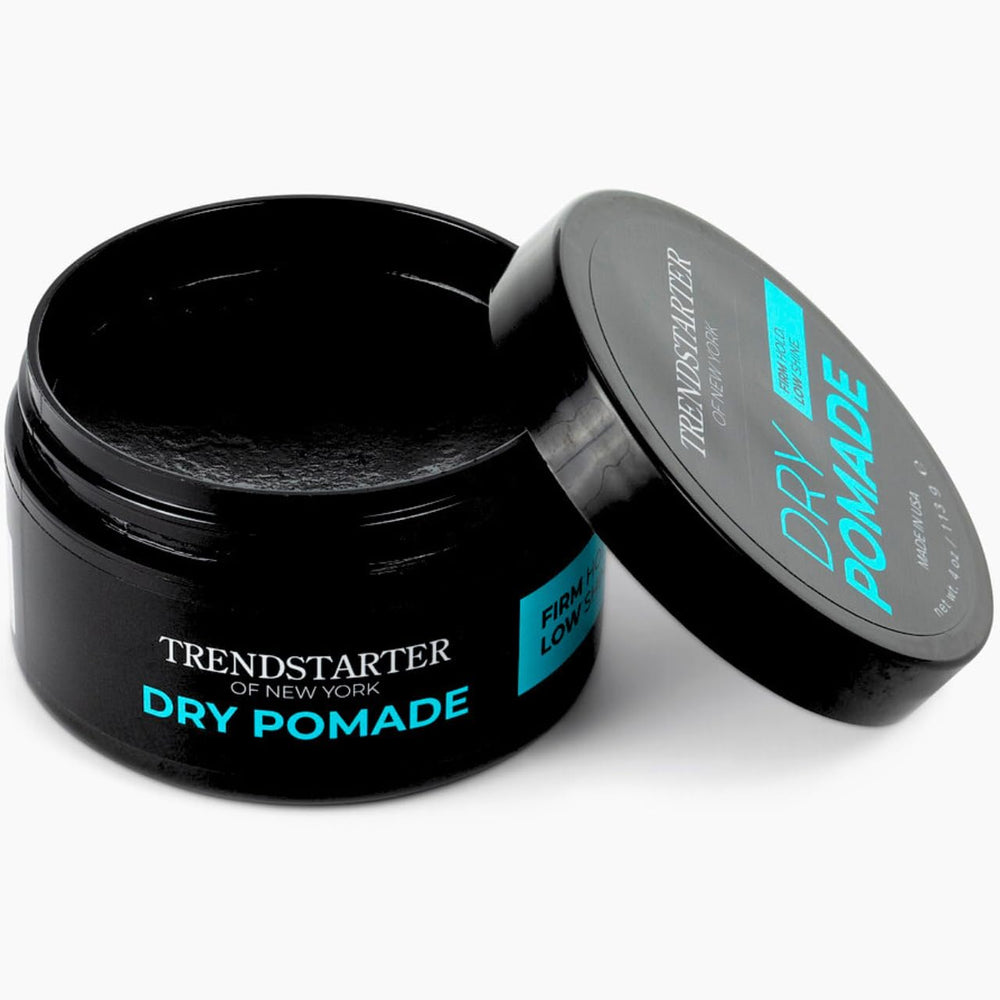 TRENDSTARTER Dry Pomade packaging close-up highlights 4oz bottle and label