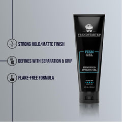 Close-up of TRENDSTARTER Firm Gel on hair with non-flaking finish.