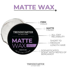 TRENDSTARTER Matte Wax bottle closeup, premium formula for all hair types.