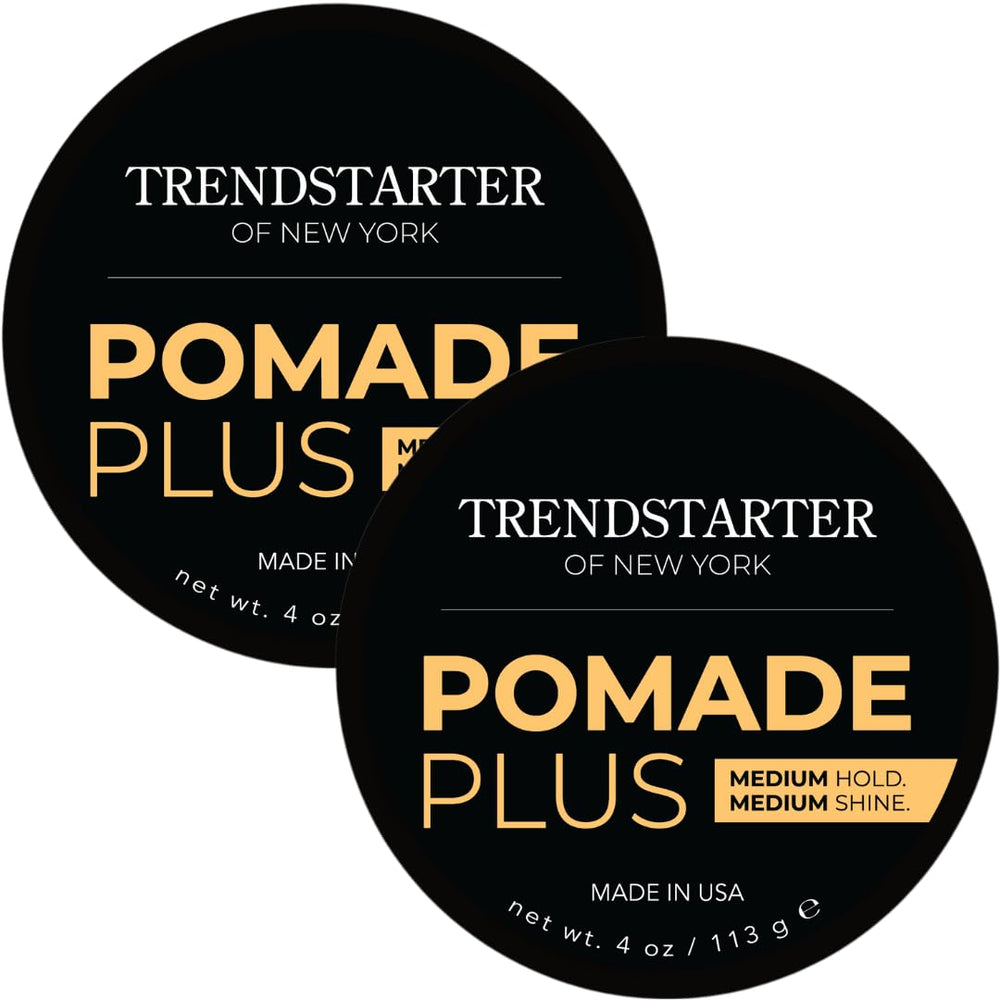 TRENDSTARTER Pomade Plus jar front view shows medium hold and shine for defined styles.