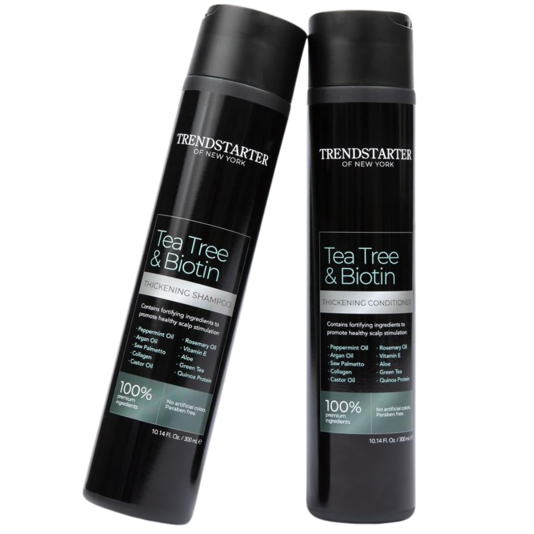 TRENDSTARTER Tea Tree & Biotin shampoo packaging highlights premium formula for cleansing and refreshment