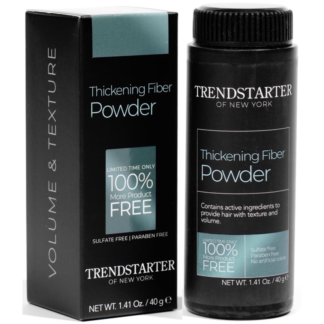 TRENDSTARTER Thickening Fiber Powder bottle provides instant volume and texture.