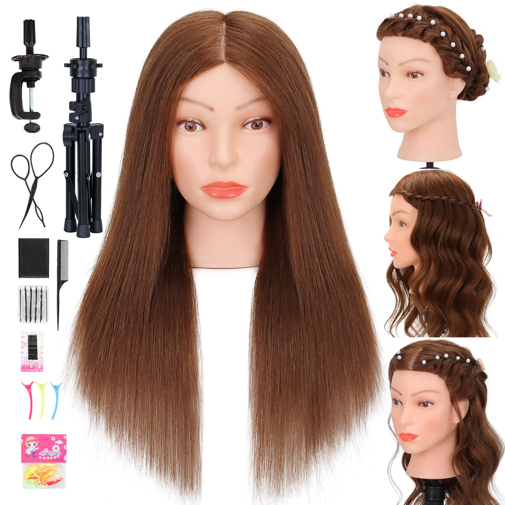 Treosida mannequin head with real hair, 22-24 inch length, ideal for practice.