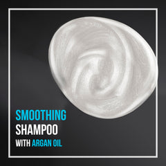 Argan oil infused formula on glossy strands suggests moisture and manageability