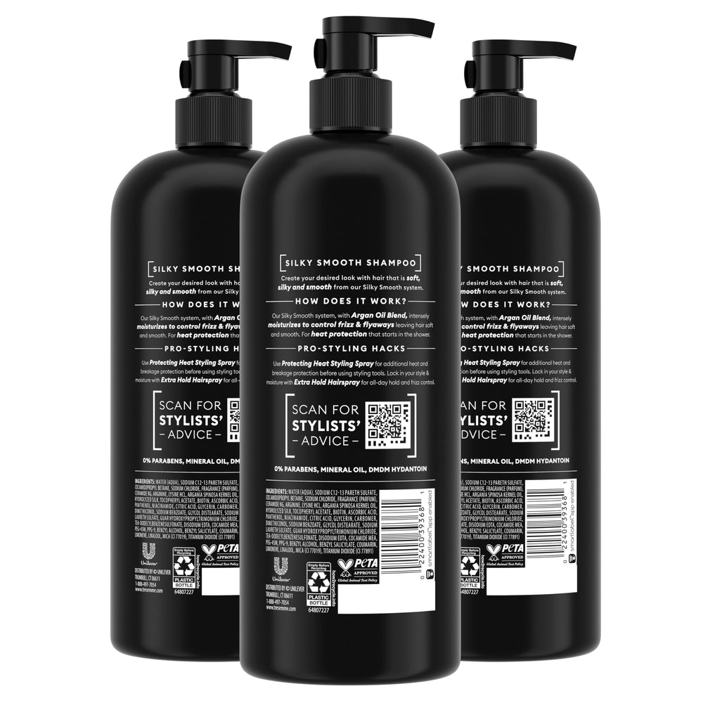 TRESemmé Argon Oil Blend Shampoo highlighting moisturized, frizz-free strands after washing
