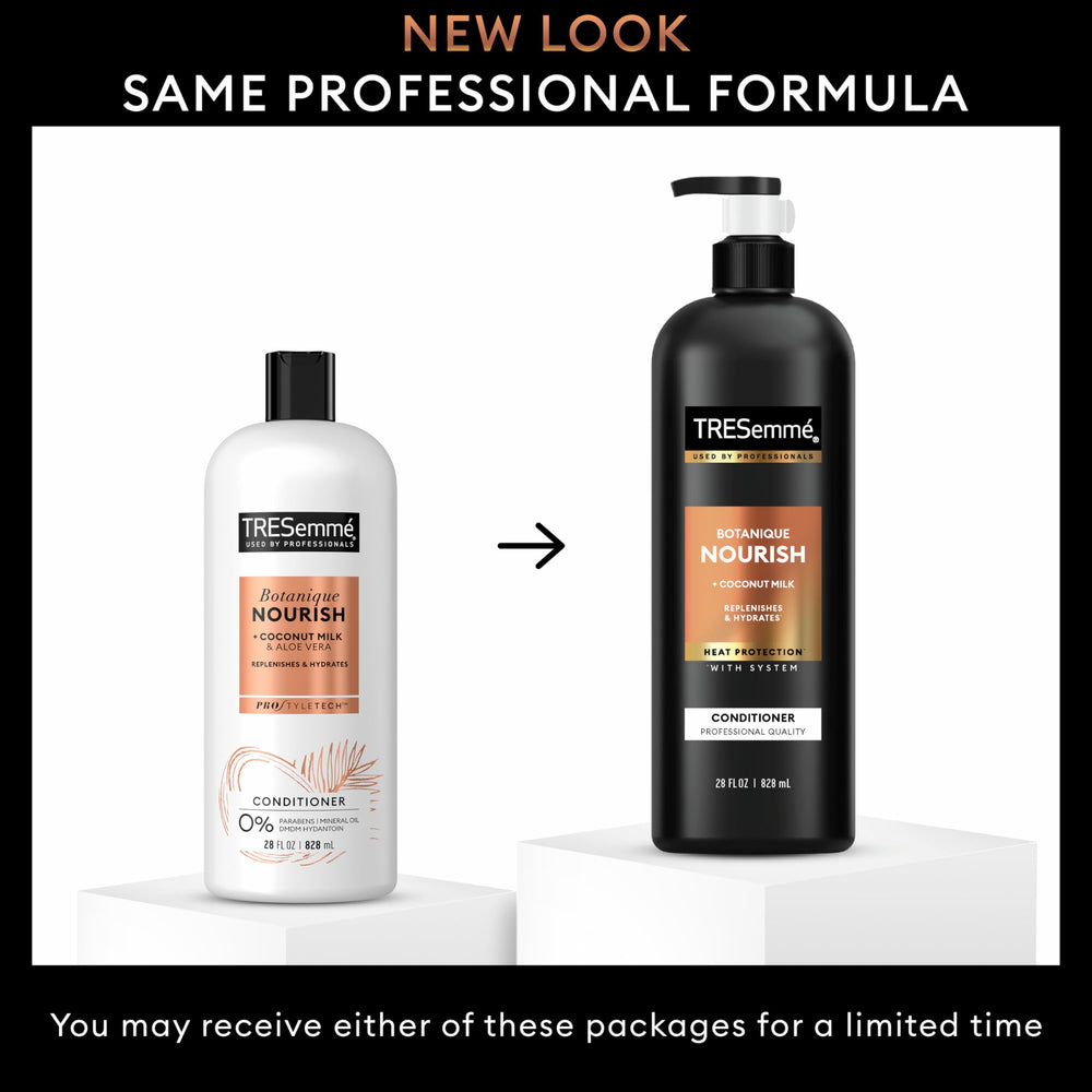 Coconut milk bottle highlights natural moisture for softer hair.