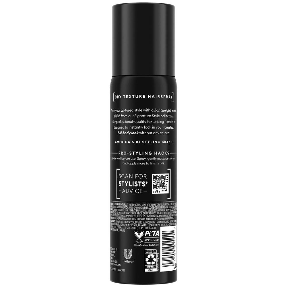 TRESemmé Dry Texture Finishing Spray bottle back view highlights lightweight formula and frizz control