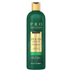 TRESemmé Fluid Smooth shampoo bottle emphasizes silky, movement-ready hair.
