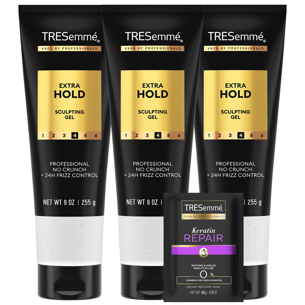 TRESemmé Extra Hold 9oz gel bottle showing long-lasting hold and frizz control
