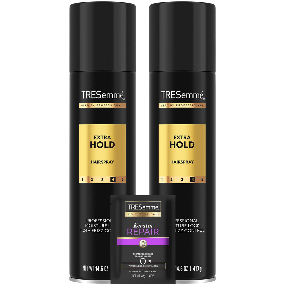 TRESemmé Extra Hold hairspray two-pack bottles for long-lasting style.