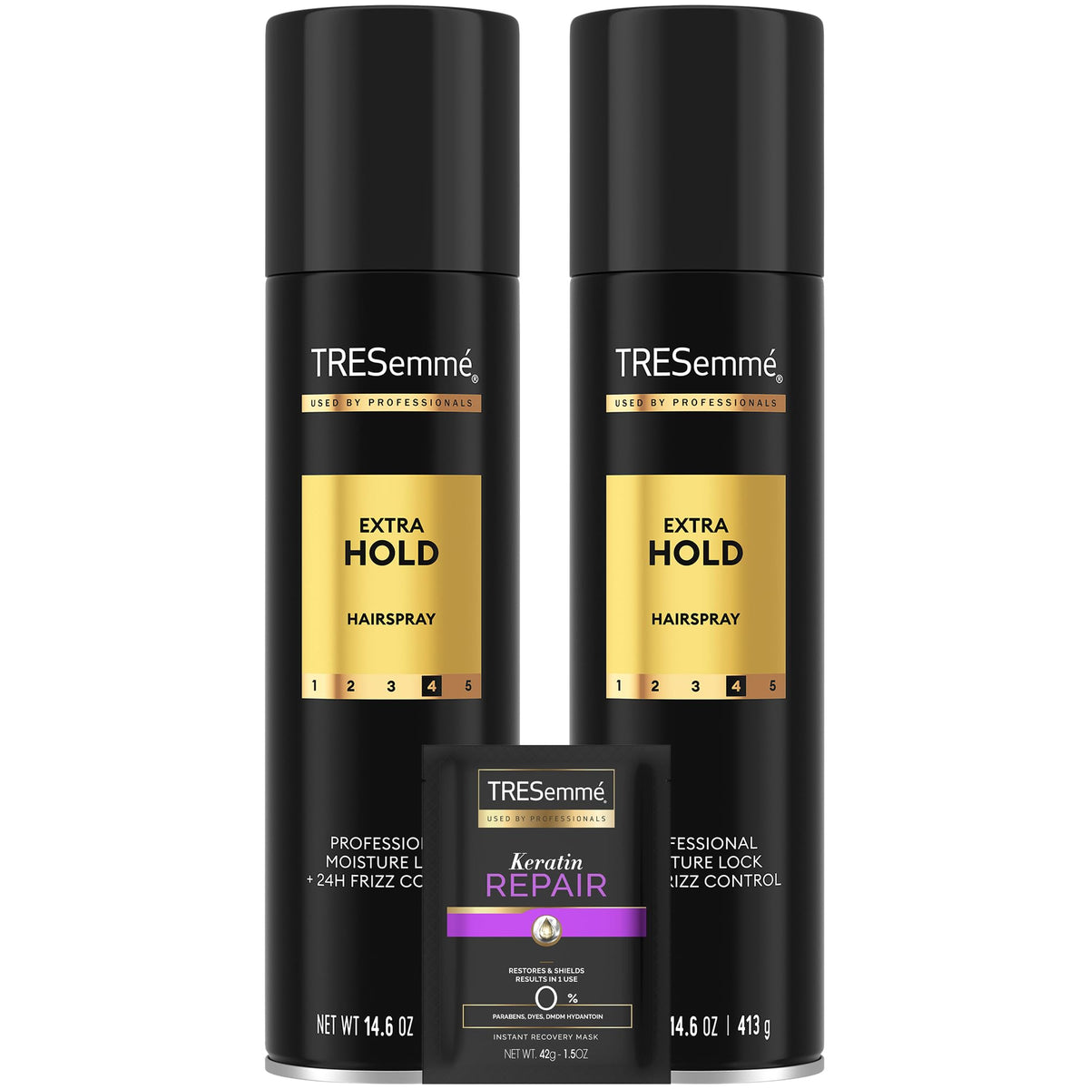 TRESemmé Extra Hold hairspray two-pack bottles for long-lasting style.