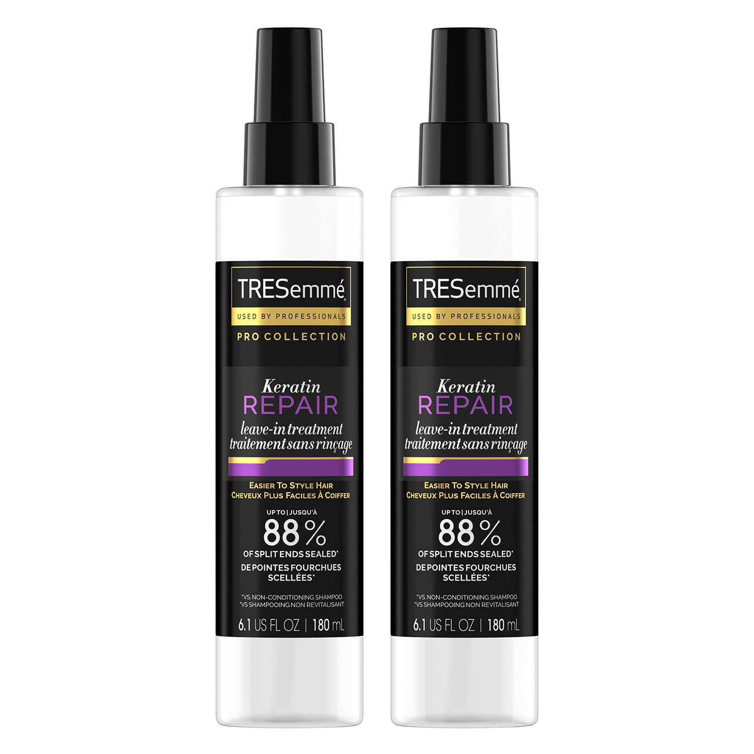 TRESemmé Keratin Repair Leave-In bottle shows sleek packaging for split end sealing.