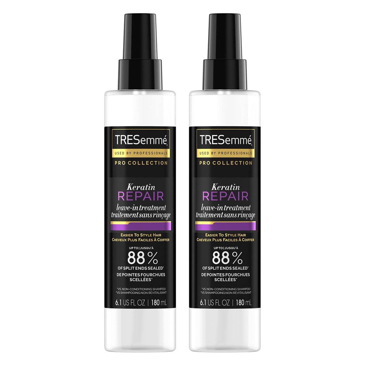 TRESemmé Keratin Repair Leave-In bottle shows sleek packaging for split end sealing.