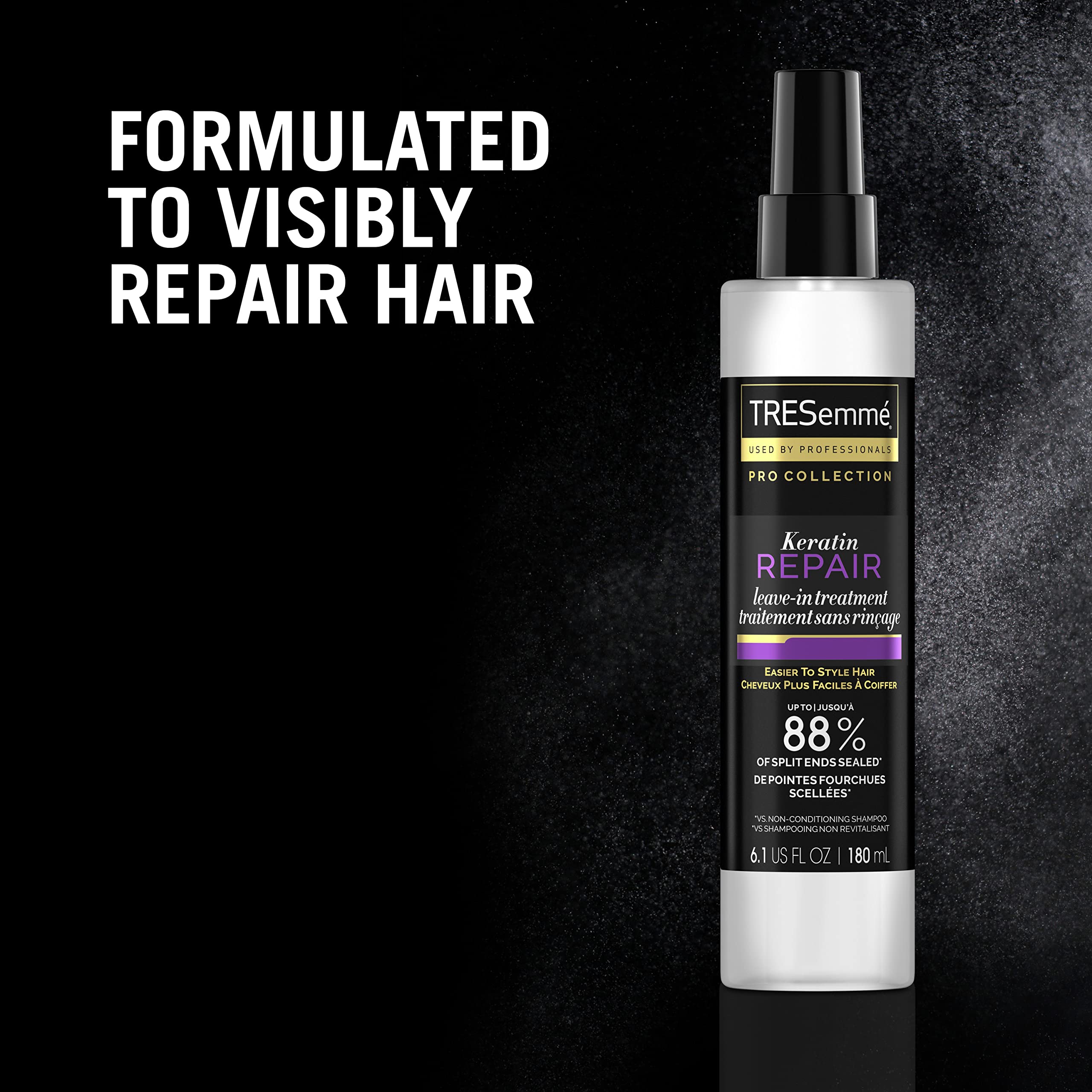 TRESemmé Keratin Repair Leave-In label highlights key benefits and directions.