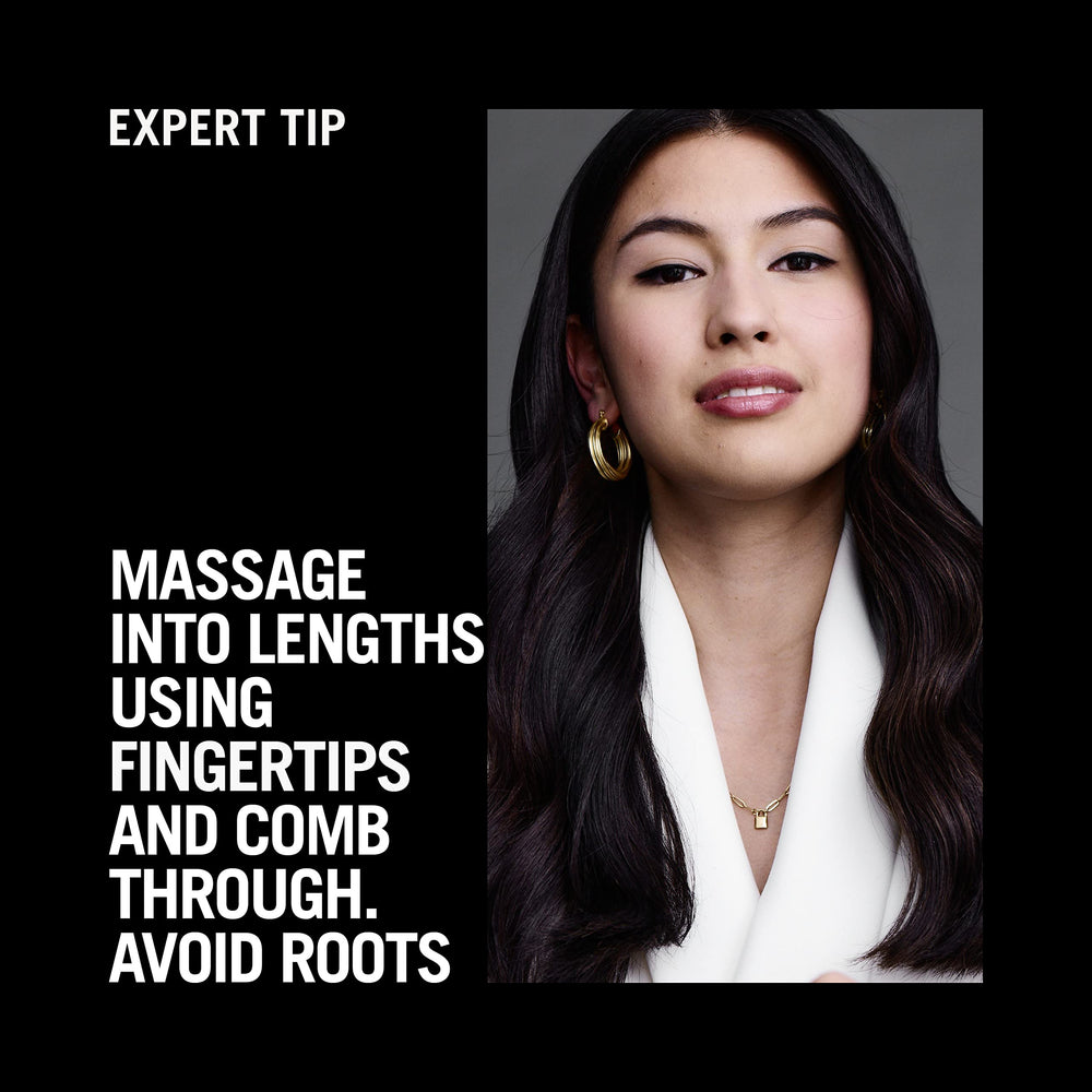 TRESemmé Keratin Repair Leave-In on hair demonstrates from lengths to ends application.