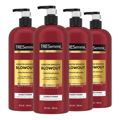 TRESemmé Keratin Smooth Conditioner four-pack bottle front shows sleek packaging and frizz control promise