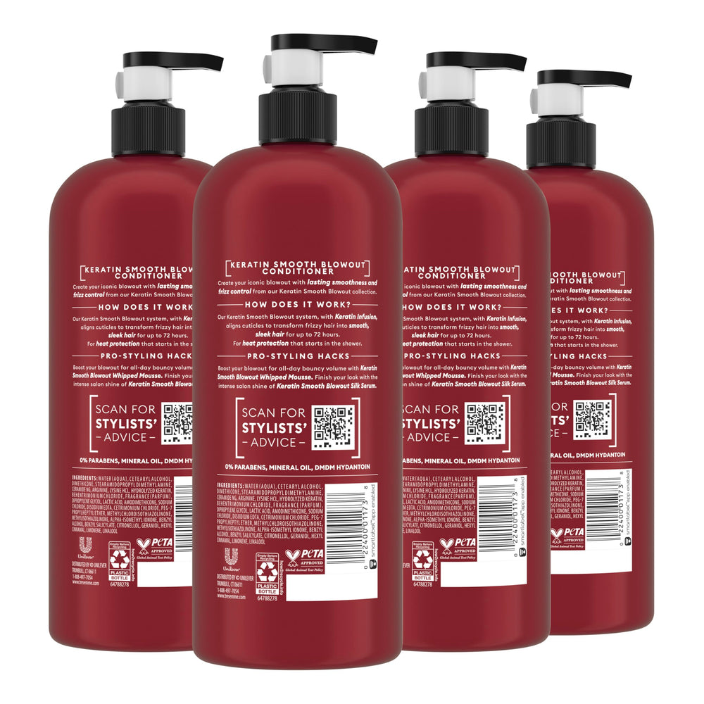 TRESemmé Keratin Smooth Conditioner four-pack packshot highlights value and salon-inspired care