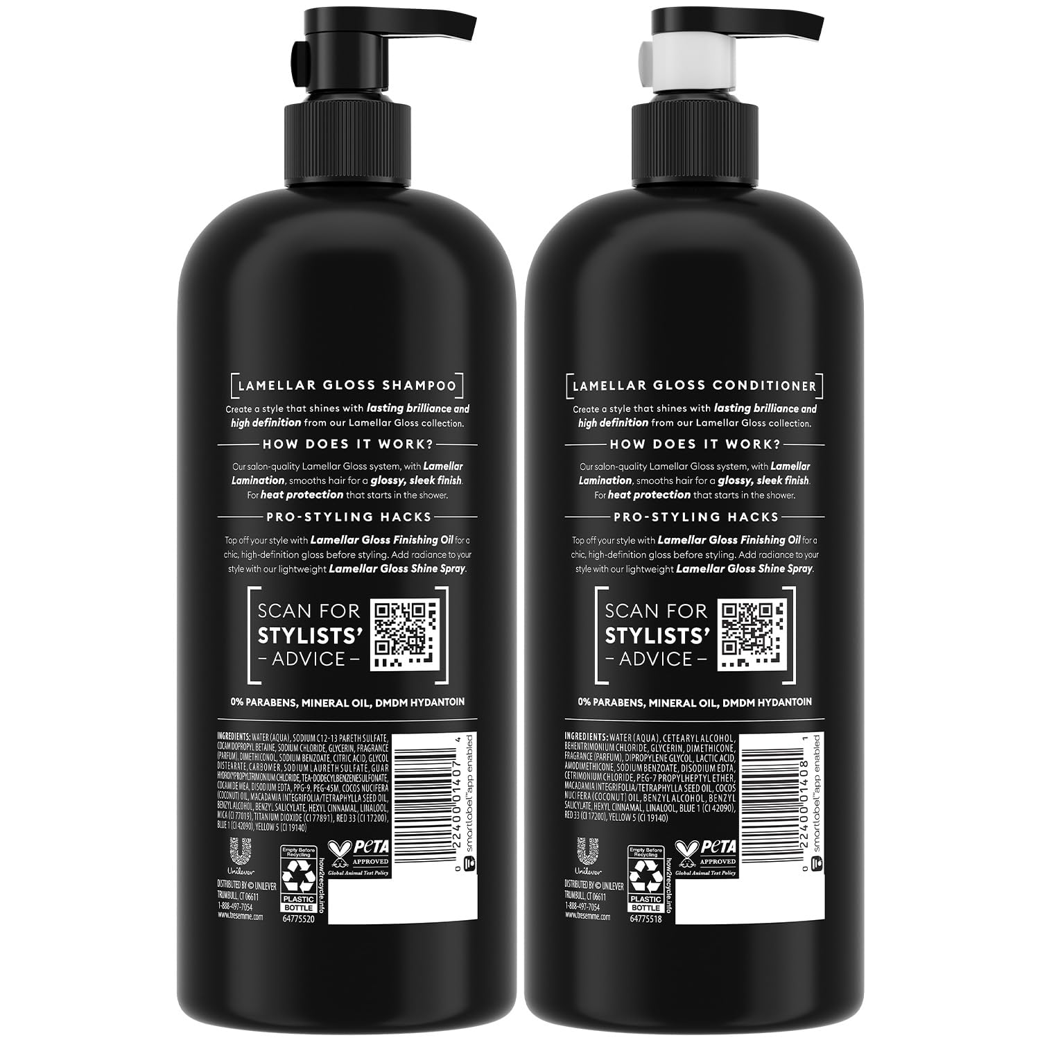 TRESemmé Lamellar Gloss conditioner bottle delivering radiant shine and manageability.