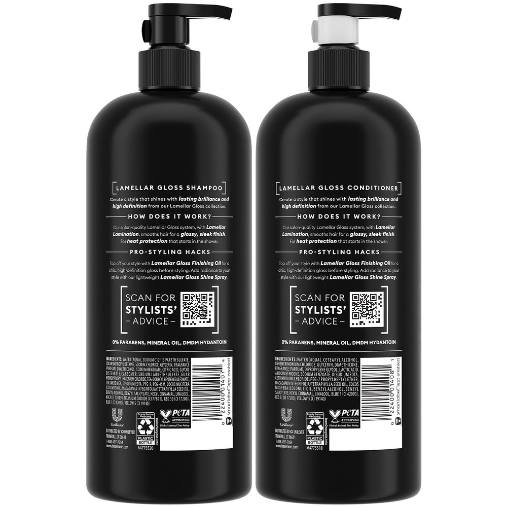 TRESemmé Lamellar Gloss conditioner bottle delivering radiant shine and manageability.