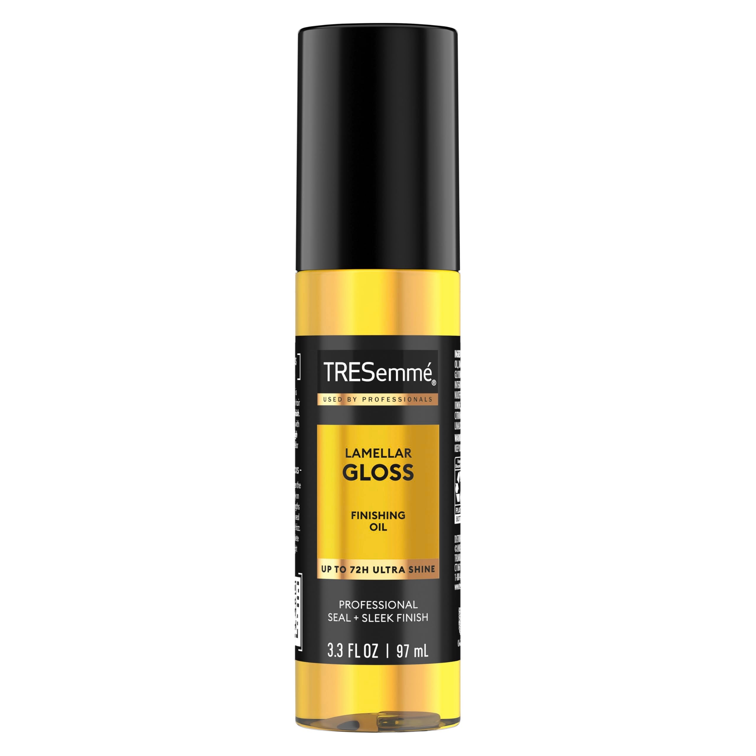 TRESemmé Lamellar Gloss Oil bottle front for instant glossy shine and sleek look.
