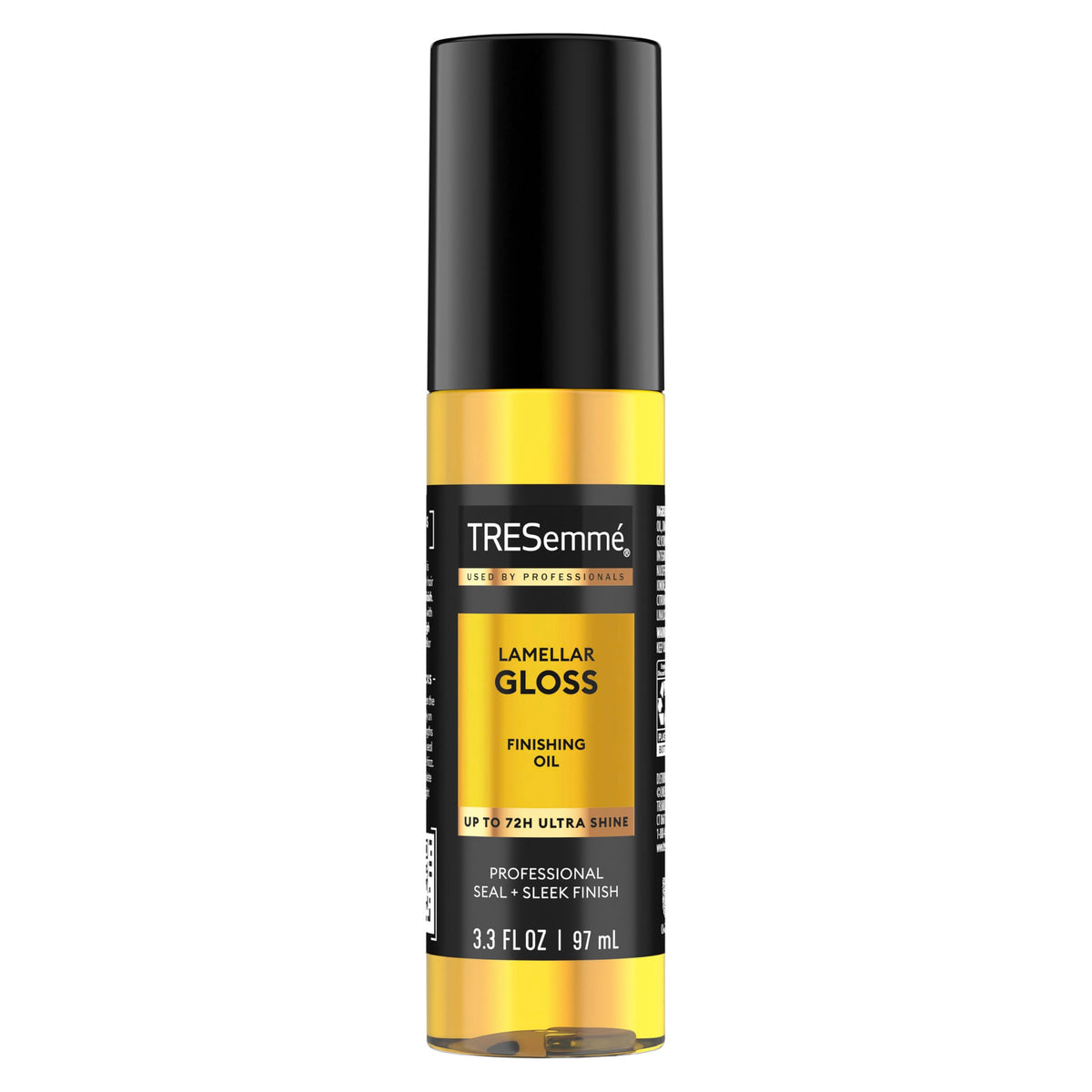 TRESemmé Lamellar Gloss Oil bottle front for instant glossy shine and sleek look.