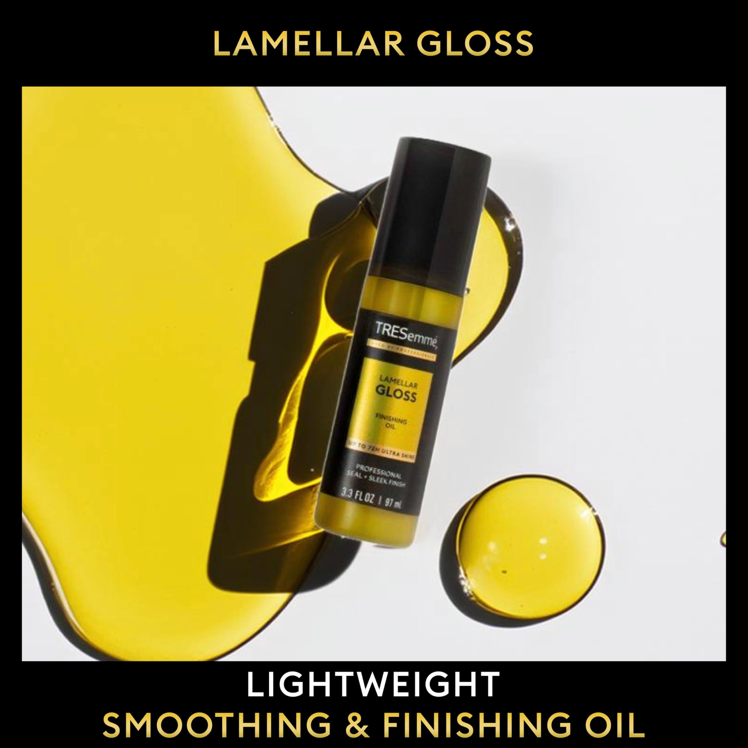 TRESemmé Lamellar Gloss Oil on damp hair shows cuticle sealing for frizz control.