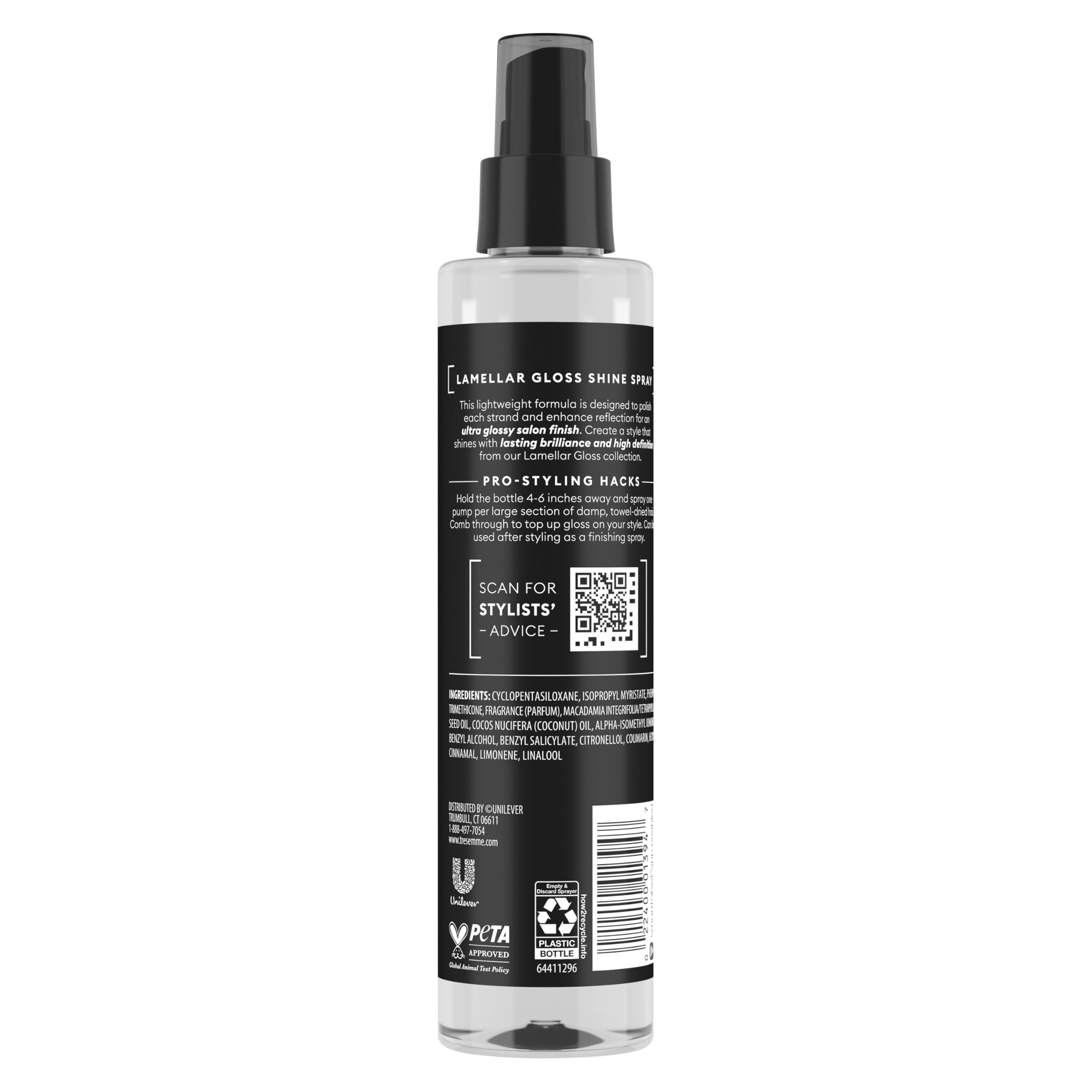 TRESemmé Lamellar Gloss Shine Spray applied to damp hair for sleek shine.