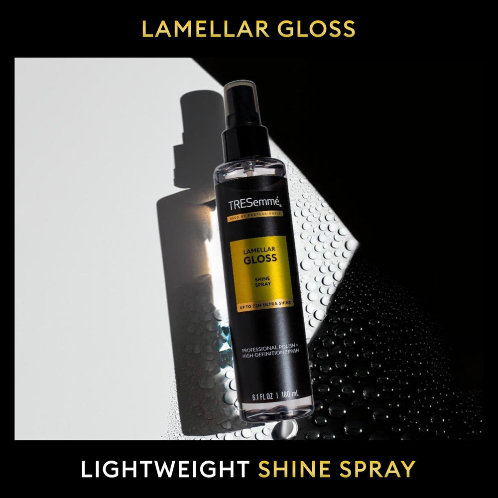 TRESemmé Lamellar Gloss Shine Spray used as a finishing touch on dry hair.