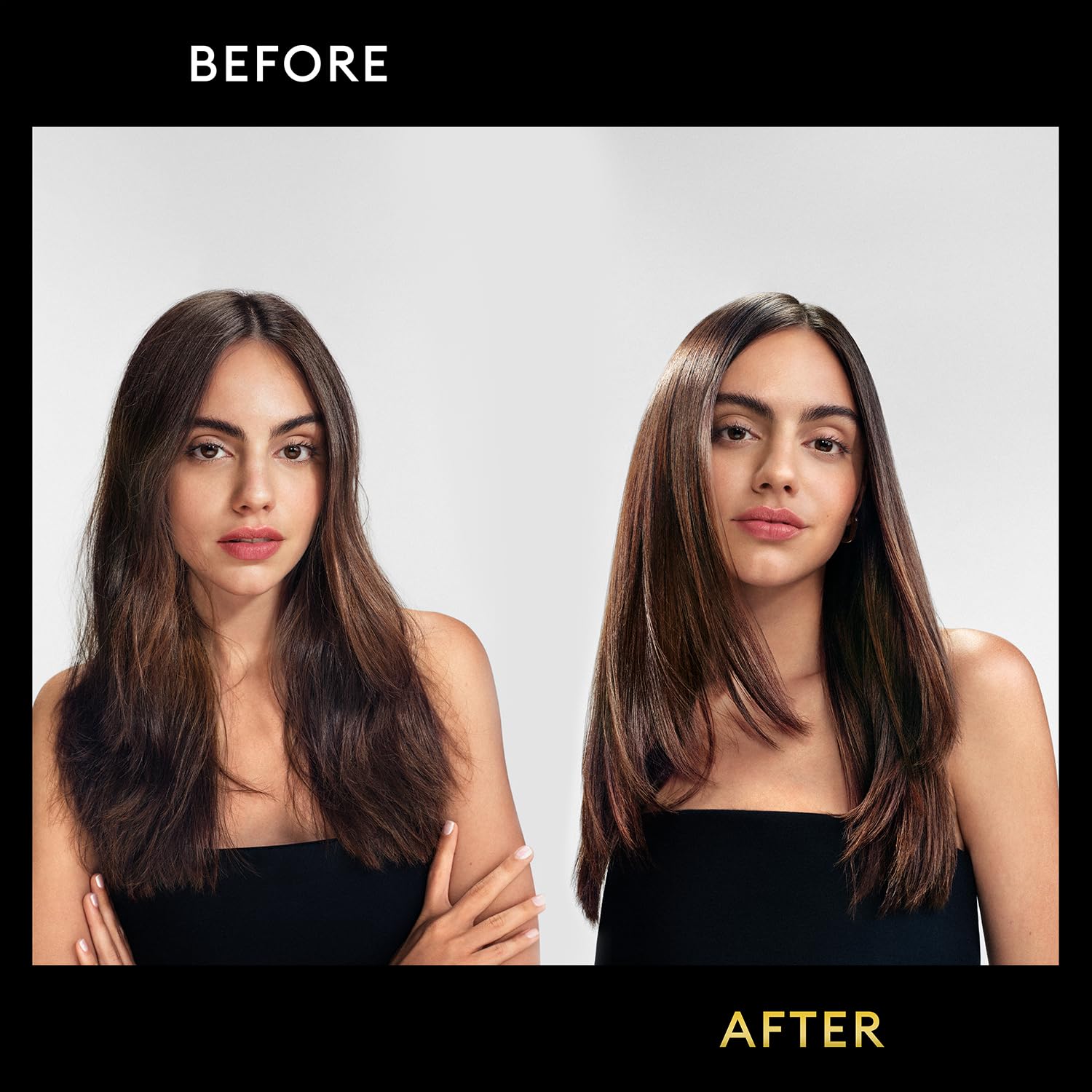 Styled hair with TRESemmé Lamellar Gloss for long-lasting gloss.