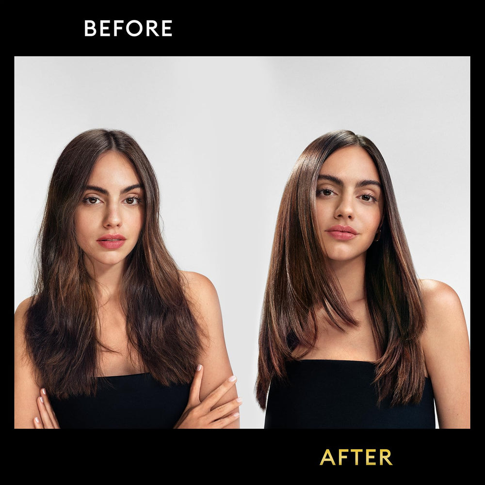 Styled hair with TRESemmé Lamellar Gloss for long-lasting gloss.