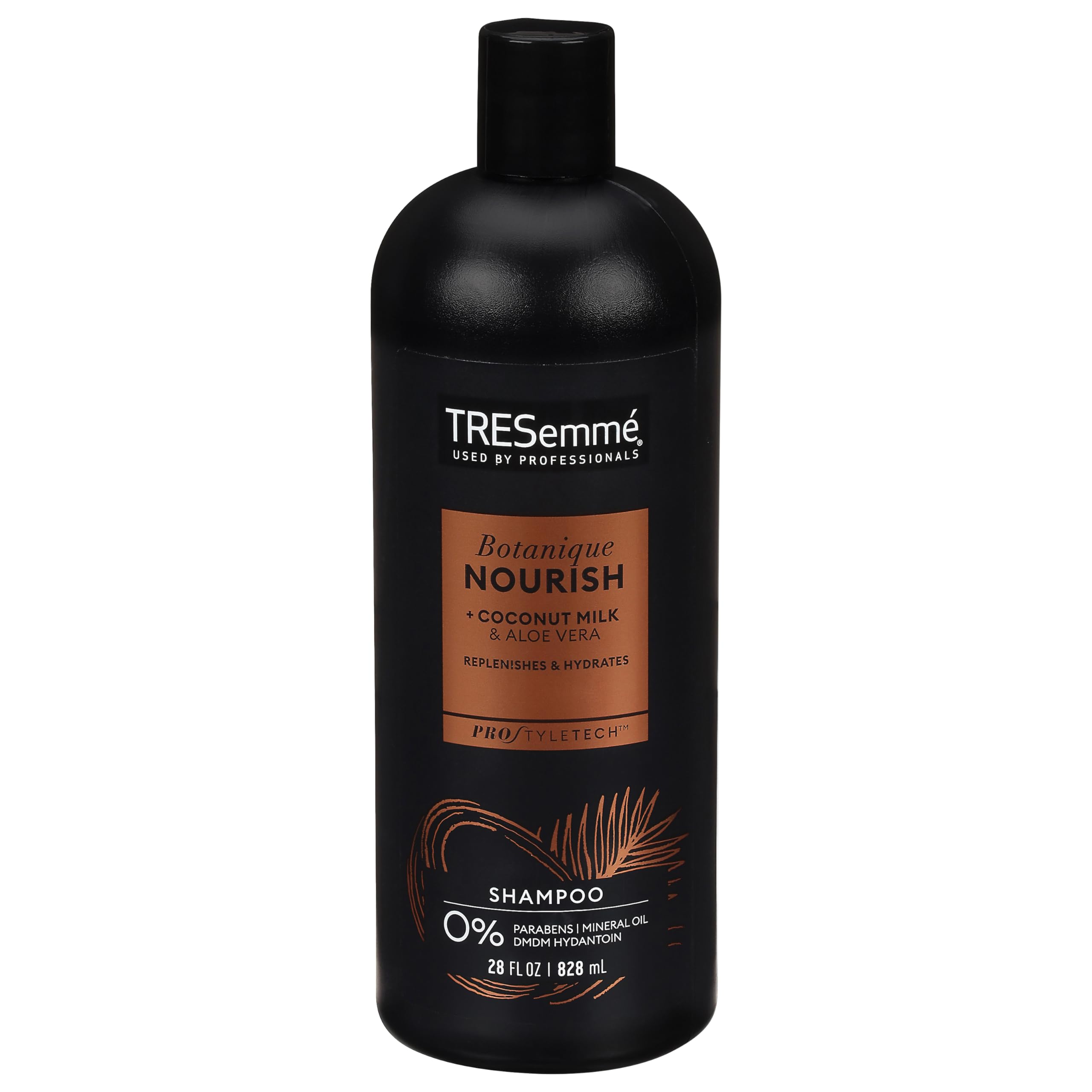 Tresemme Nourish Coconut Milk and Aloe shampoo bottle showing hydration and frizz control