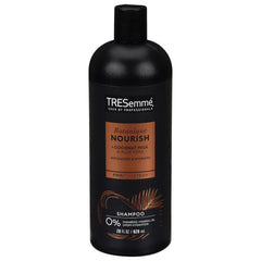 Tresemme Nourish Coconut Milk and Aloe shampoo bottle showing hydration and frizz control