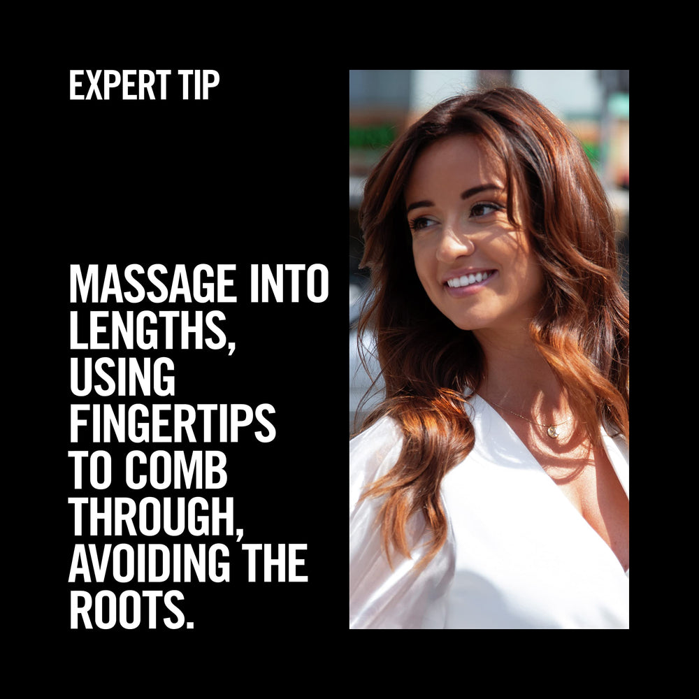 TRESemmé leave-in application image showing massage into lengths with root-free technique.
