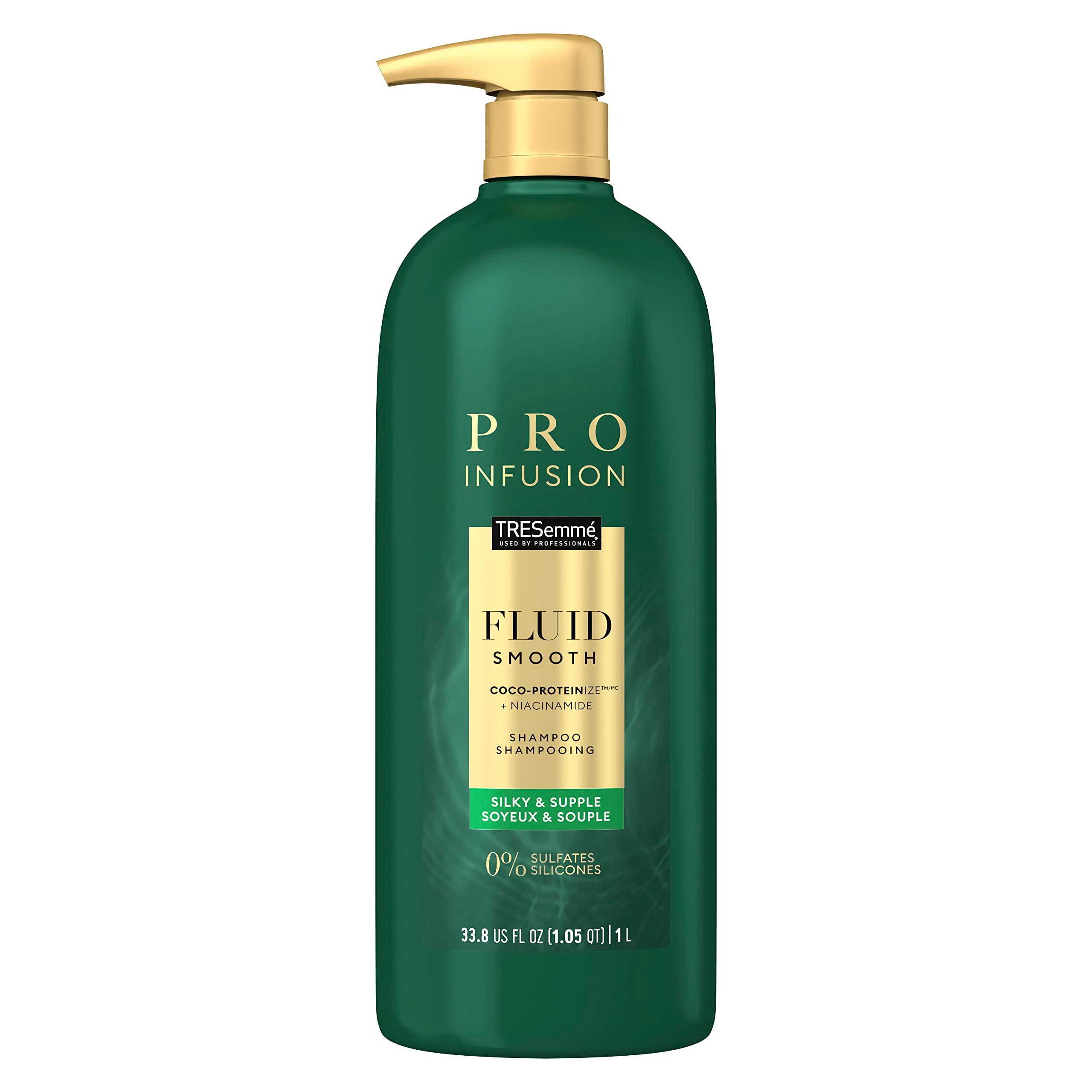 TRESemmé Pro Infusion Fluid Smooth Shampoo bottle front shows high-shine promise for silky hair