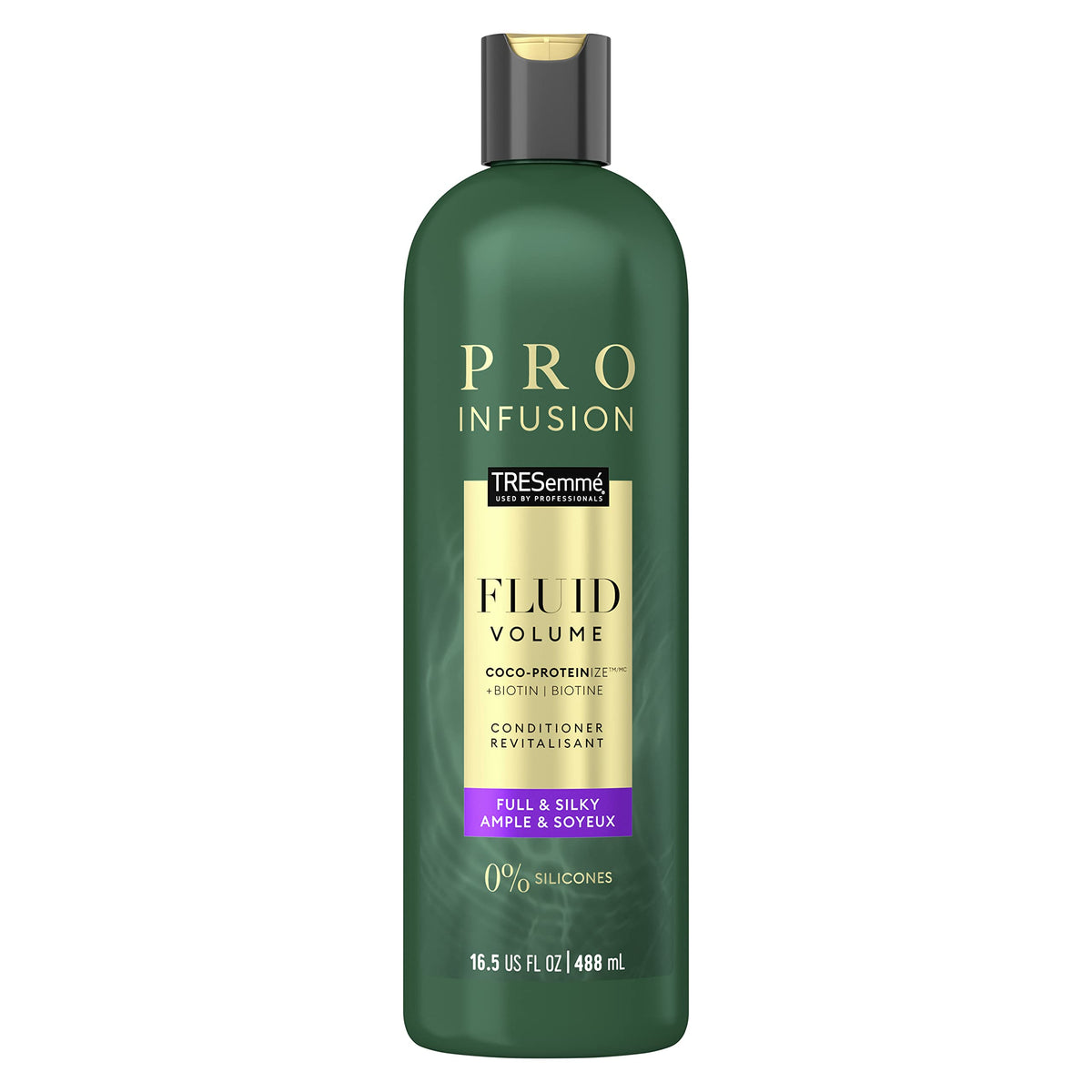 TRESemmé Pro Infusion Fluid Volume Conditioner bottle with coconut droplets for hydration and shine.