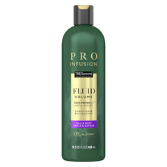 TRESemmé Pro Infusion Fluid Volume Conditioner bottle with coconut droplets for hydration and shine.