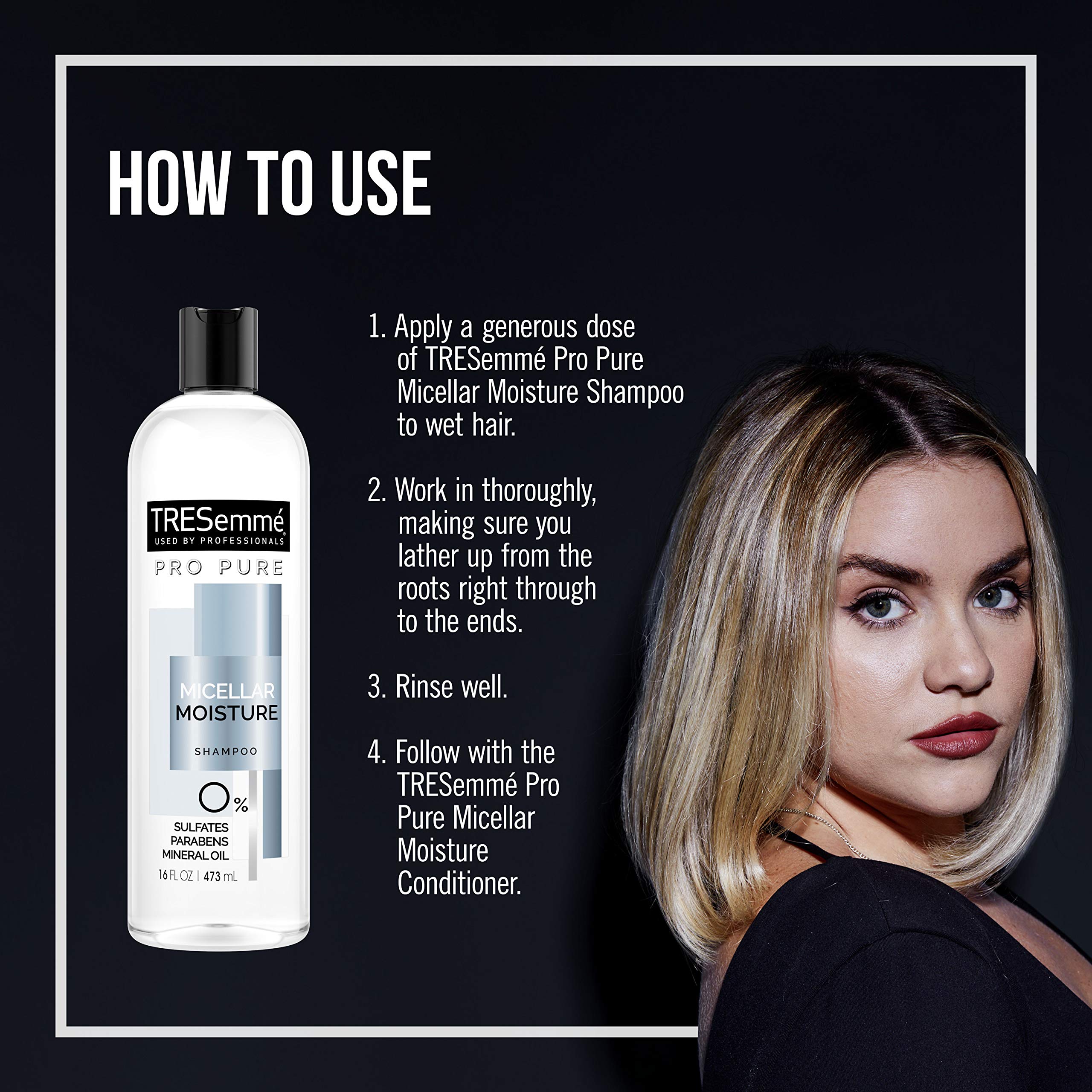 TRESemmé Pro Pure Micellar Moisture Conditioning on hair for nourished shine.