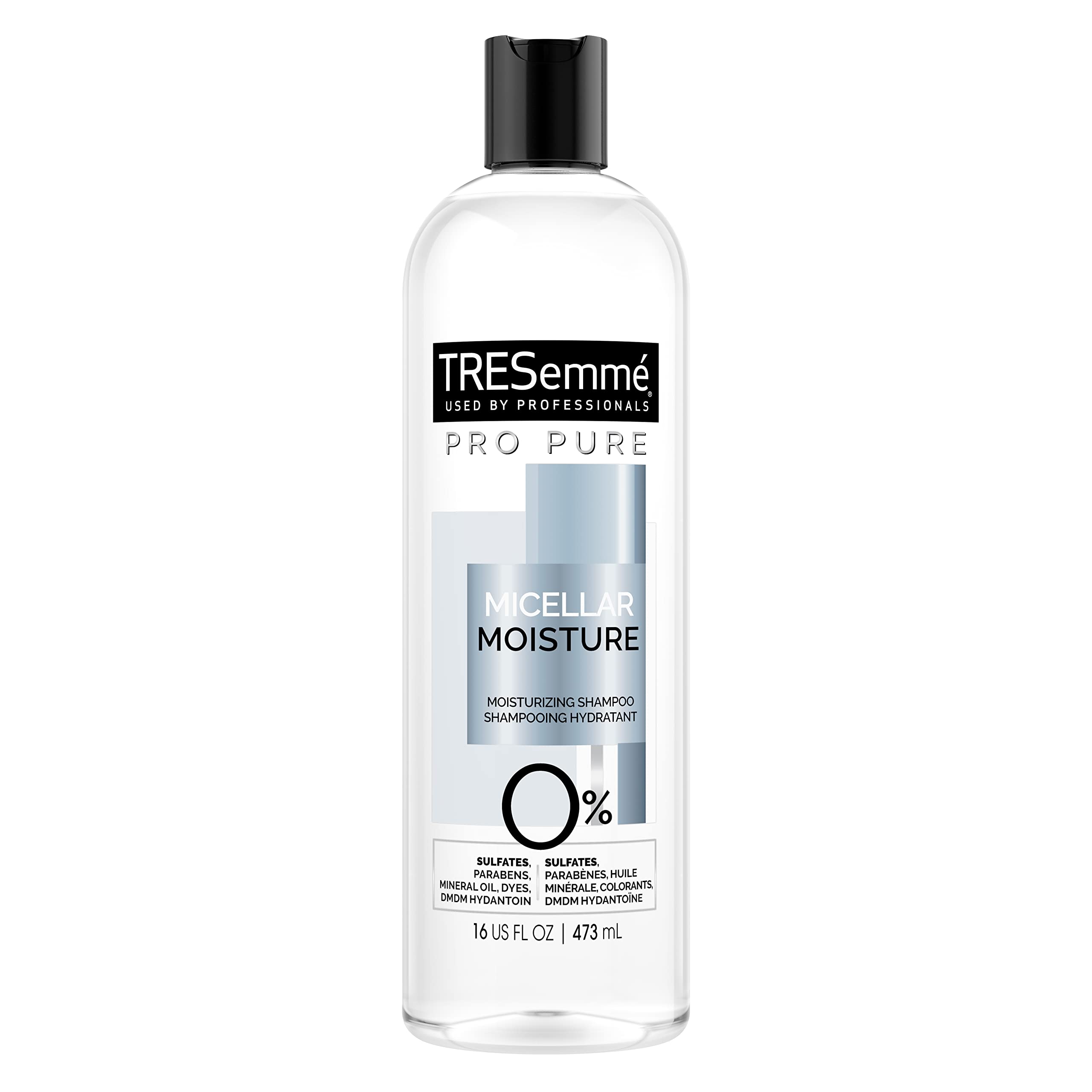 TRESemmé Pro Pure Micellar Moisture Shampoo bottle with hydrating formula for dry hair.