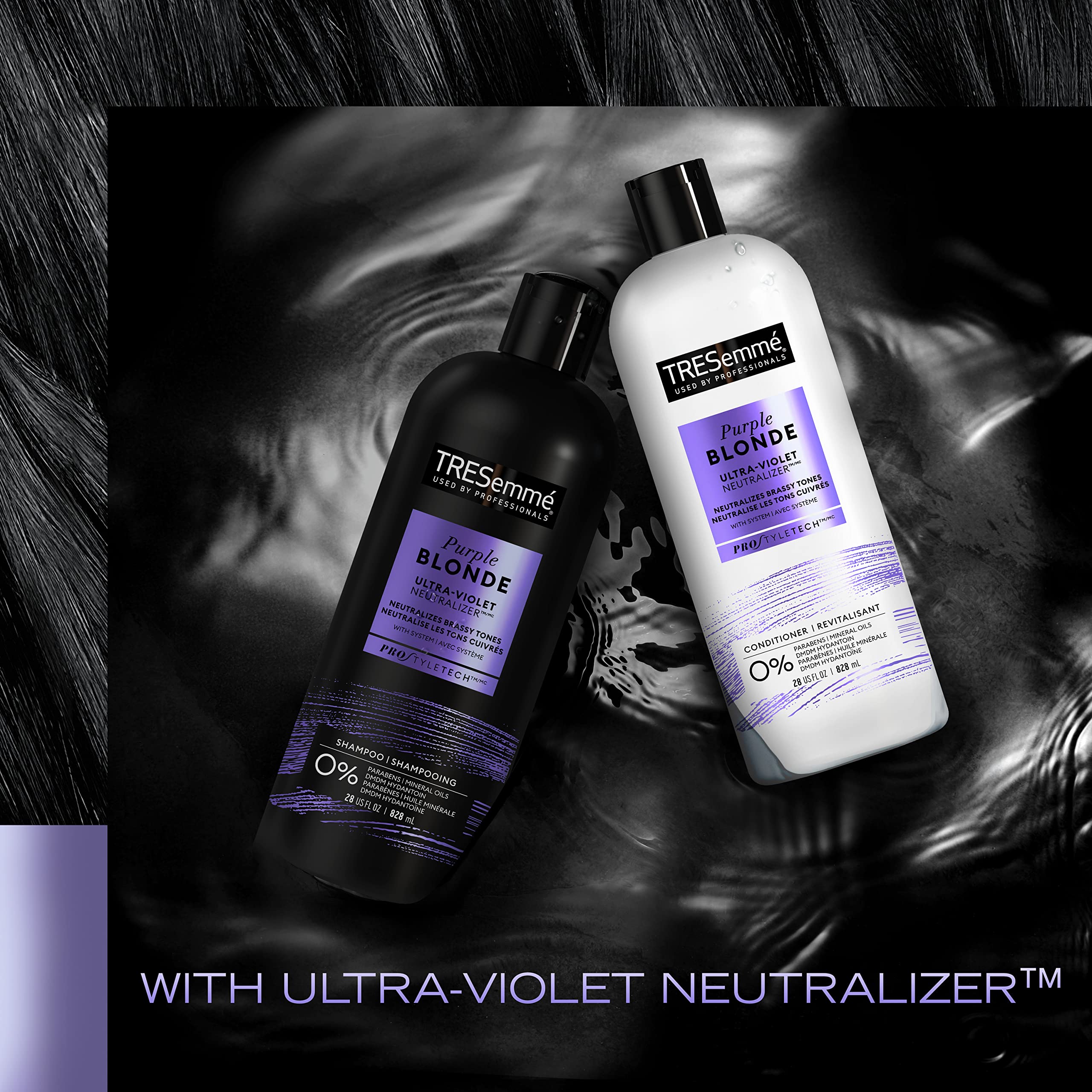 TRESemmé Purple Blonde Conditioner applied to wet hair for detangling and manageability.