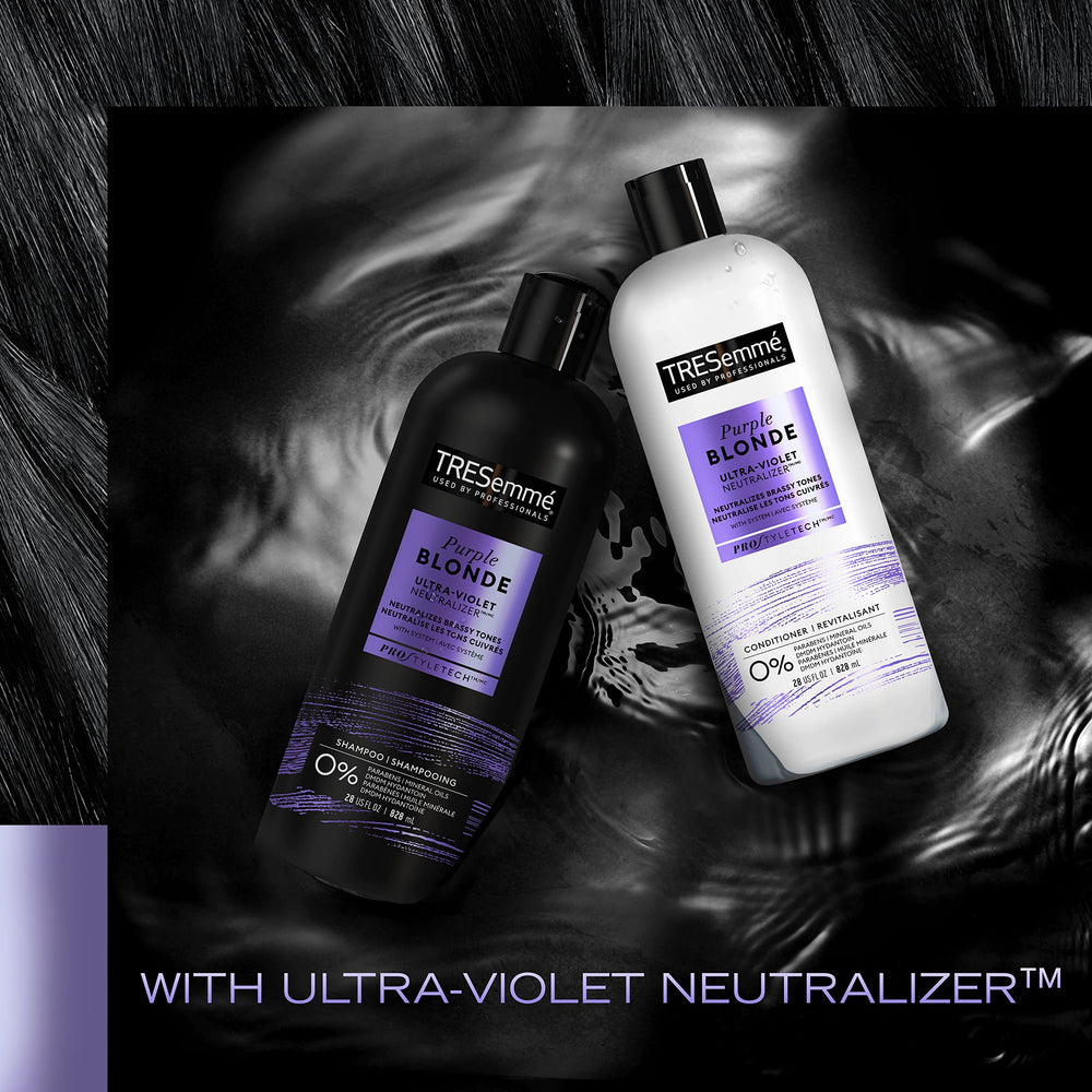 TRESemmé Purple Blonde Conditioner applied to wet hair for detangling and manageability.
