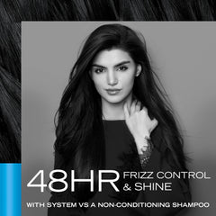 Shampoo and conditioner system together on bathroom shelf for complete routine