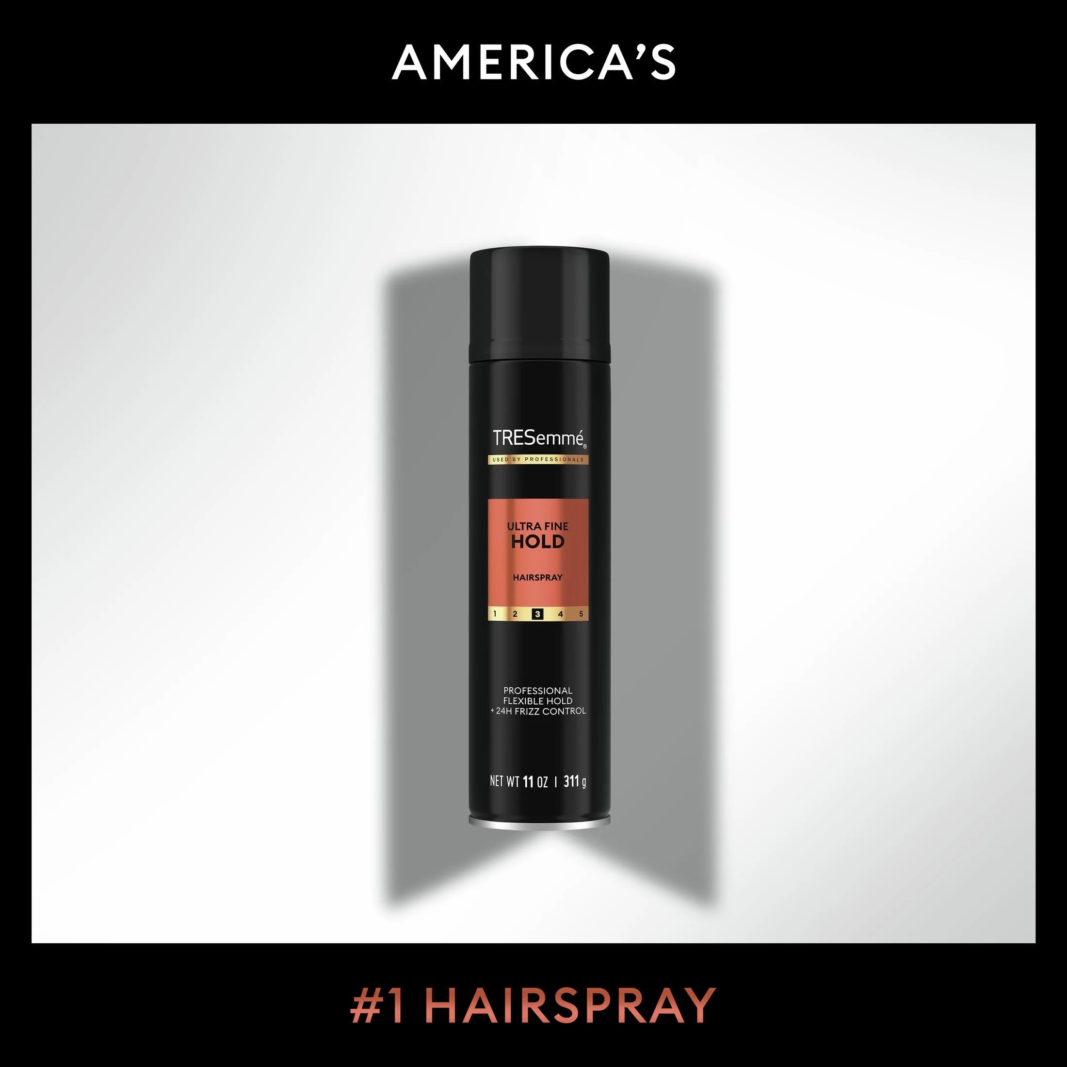 TRESemmé Ultra Fine Hold close-up showing quick-dry, non-crunch finish.