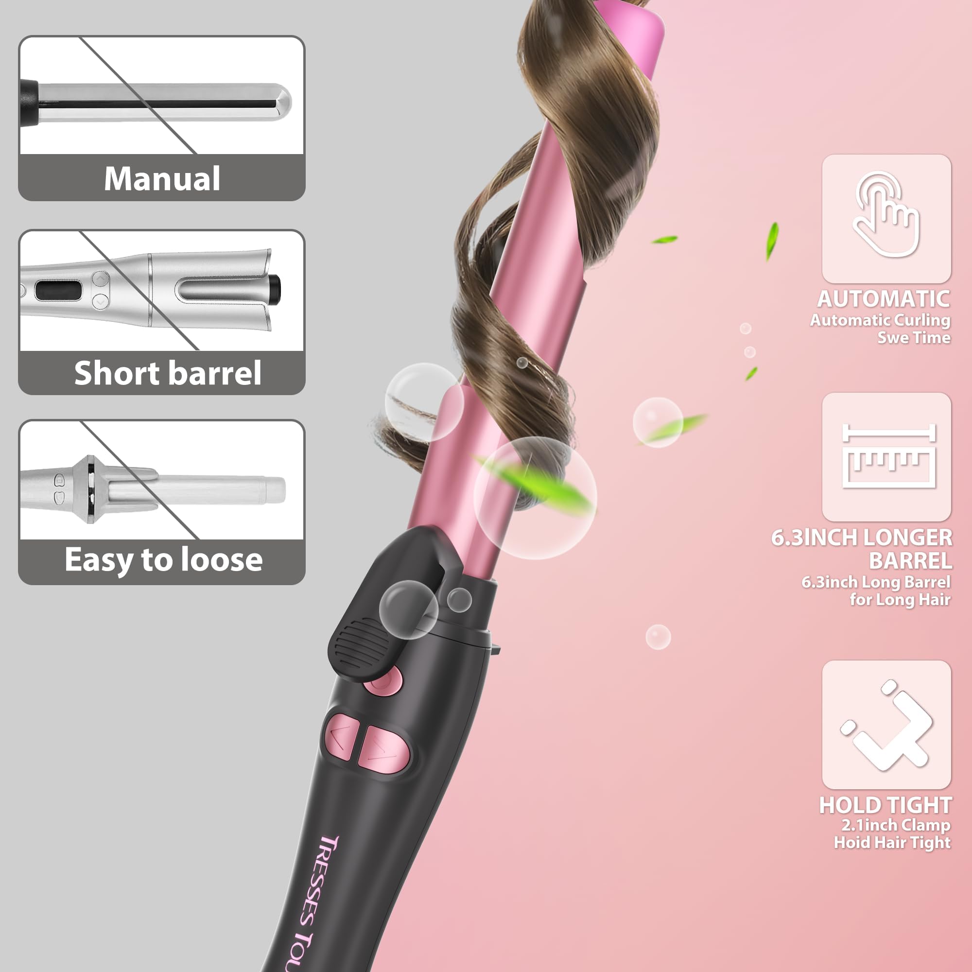 Tresses Touch ceramic-coated barrel close-up highlighting smooth heat distribution.