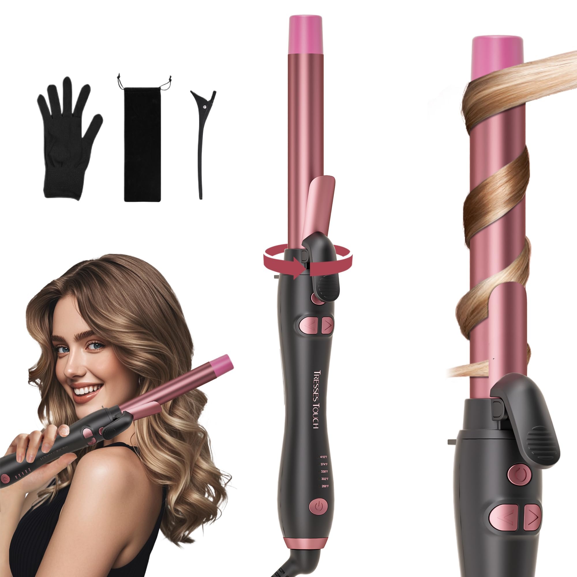 Tresses Touch extra-long-barrel rotating curling iron front view creates soft, loose curls with ease.