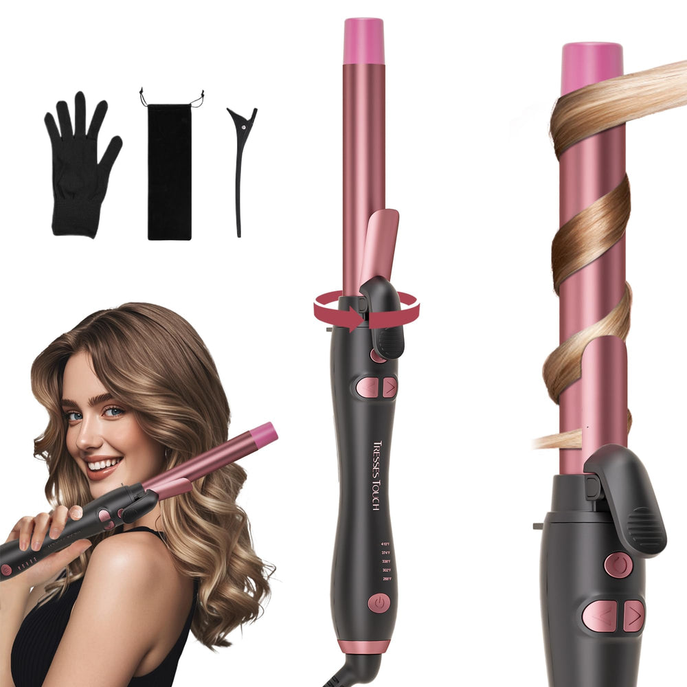 Tresses Touch extra-long-barrel rotating curling iron front view creates soft, loose curls with ease.